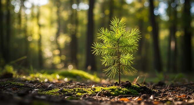 Young pine tree sapling growing in a sunlit forest floor