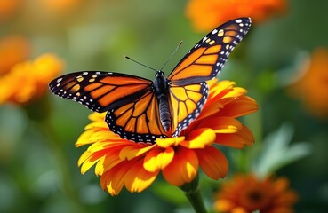 Naklejka premium Monarch butterfly rests on vibrant orange zinnia flower. Orange and black insect displays detailed wings. Summer garden bloom, soft green background. Close up view.