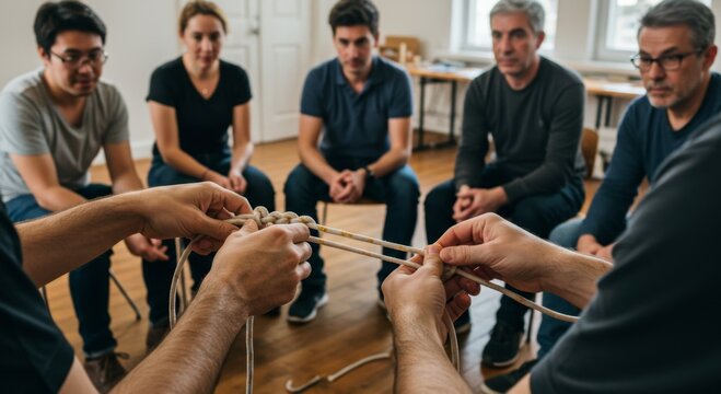 Two men's hands work together on a rope knot in a group therapy session focusing on problem solving. Team building and cooperation concept.