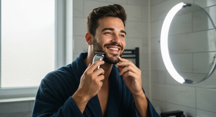 A happy man in a bathroom mirror trimming his beard with an electric razor. Male grooming and morning routine concept.