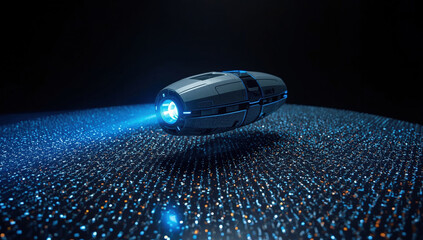 Floating futuristic pod emitting blue light above a shimmering surface at nighttime