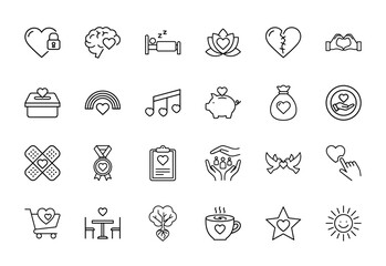Fototapeta premium Love, care, well-being vector line icon set. Thin linear illustrations for health, family, and emotional support.
