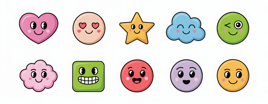 Face smile emoji doodle icon sticker set. Cute kid doodle hand drawn style funny face emoji smile, happy, sad sticker. Funny cartoon emoticon heart, star, flower shape. Vector illustration