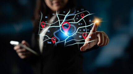 Concept of location tracking and GPS navigation. Map with pins marking a destination and points of interest for travel, delivery routes, or finding a specific address. Fermion