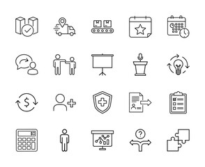 Business management line icon set. Vector pictograms of delivery, production, calendar, communication, teamwork, presentation, ideas, finance, security, and decisions, thin linear illustration.