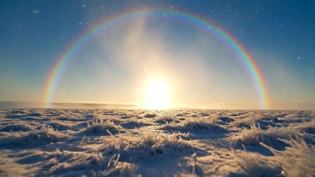A rainbow arches over a snowcovered landscape bathed in bright sunlight with sparse lowlying vegetation peeking through the snow