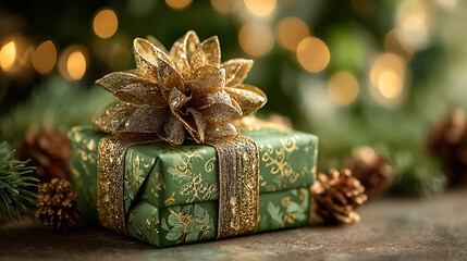 Festive gift box with gold bow and green wrapping for holiday celebrations