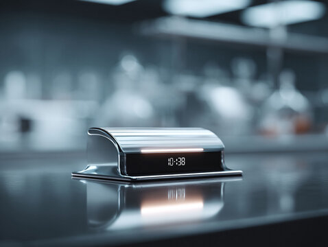 Sleek, futuristic clock displaying time. Shiny surface reflects the digital display. Perfect for tech, innovation, time management, or modern design concepts.