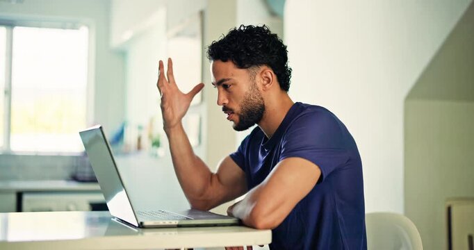Remote work, man and frustrated with laptop in home for trading loss, bad investment or mistake. Freelancer, crypto trader or stress with tech for stock market crash, exchange plummet or finance risk