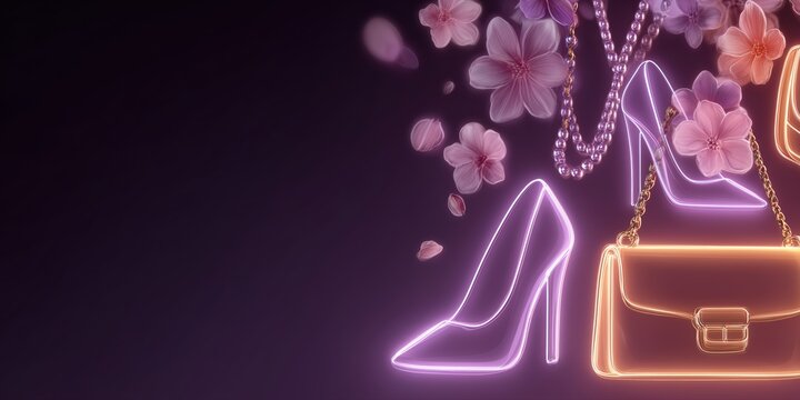 Neon glowing high heels handbag and jewelry with pink blossoms for trendy fashion marketing visuals.