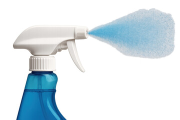 Blue plastic spray bottle dispensing a fine mist of cleaning or sanitizing solution. Representing hygiene, disinfection, and home care