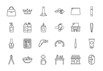 Fototapeta premium Beauty, fashion, and personal care line icon set. Vector pictograms of handbag, dress, hat, cosmetics, spa tools, salon, and treatments, thin linear illustration.