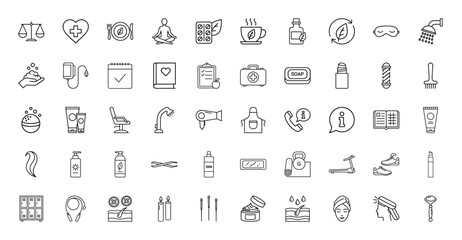 Wellness and beauty line icon set. Vector pictograms of medical care, self-care, fitness, spa, and beauty essentials, thin linear illustration.