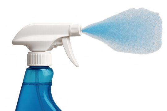 Blue plastic spray bottle dispensing a fine mist of cleaning or sanitizing solution. Representing hygiene, disinfection, and home care