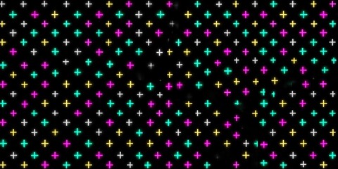 Vivid neon plus icon scatter on black background for futuristic digital branding and creative visuals.