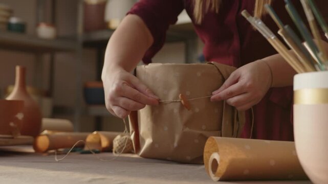 Hands of a woman wrapping a ceramic pot in kraft paper and tying it with twine in a pottery workshop. Product packaging process for handmade goods, small business and artisan craft