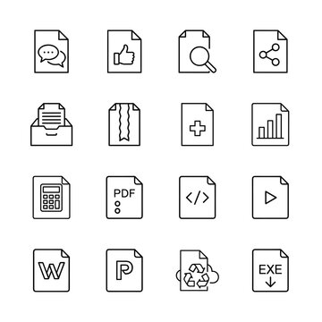 Document and file management line icon set. Vector pictograms of chat, like, search, share, inbox, chart, PDF, code, video, and executable files, thin linear illustration.