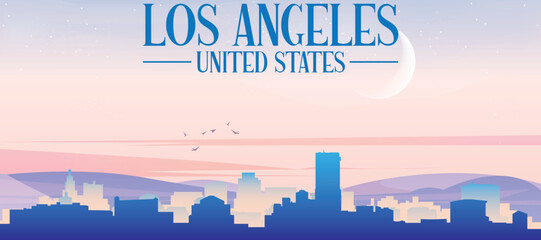 Panoramic poster of the city skyline with misty background buildings, hills sunrise, sunset and clouds of LOS ANGELES, UNITED STATES