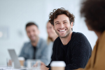Smiling man in a modern office with diverse colleagues during a meeting. Represents collaboration, success, positive work environment, teamwork and leadership.