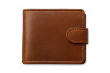 Brown leather wallet with snap closure on transparent background