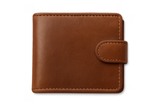 Brown leather wallet with snap closure on transparent background