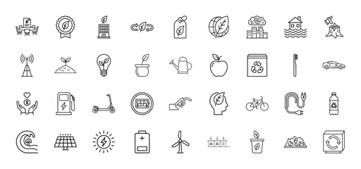 Fototapeta premium Ecology line icon set. Vector pictograms of eco meeting, green building, recycling, globe, polluted city, sprout, electric car, solar panel, wind turbine, and waste, thin linear illustration.