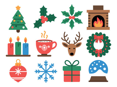 Collection of christmas themed vector icons including tree and wreath