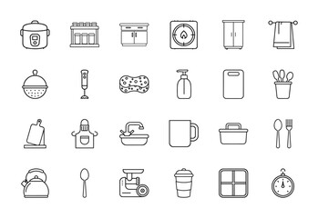 Fototapeta premium Kitchen line icon set. Vector pictograms of rice cooker, spice rack, hand blender, cutting board, kettle, kitchen sink, apron, and timer, thin linear illustration.