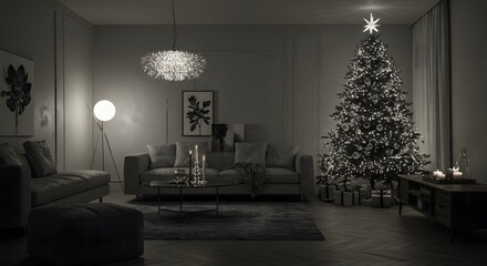 Modern living room with christmas tree and sofa