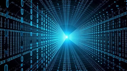 Blue digital binary code stream technology background animation cyber data tunnel effect - Powered by Adobe
