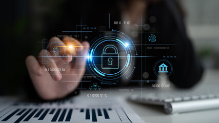 Cybersecurity system interface with biometric lock and data protection. Cybersecurity protects access, identity, cyber security prevents threats, and cyber security supports digital systems. Latch