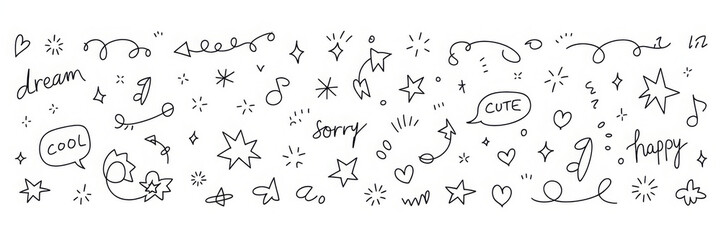 Line arrow, star, heart cute icon elements. Hand drawn sketch heart, arrow, star, flower decoration symbols. Simple sketch line style emphasis, attention, graphic elements. illustration
