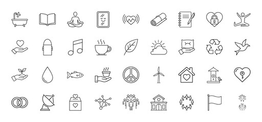 Wellness and lifestyle line icon set. Vector pictograms of meditation, book, coffee, leaf, recycle, house, community, and peace, thin linear illustration.