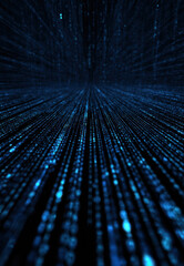Abstract digital data stream with glowing blue binary code flowing in perspective, creating a sense of depth and technology, representing the concept of information and connectivity