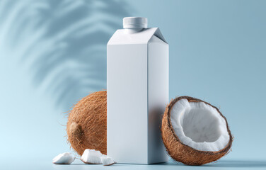 Coconut milk carton mock up with fresh coconuts and coconut pieces on a soft blue background, showcasing tropical ingredients and healthy lifestyle concept