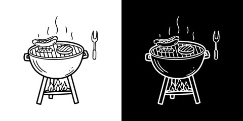 Barbecue grill with sausages and smoke, isolated vector image, two design options on transparent and black backgrounds, pencil drawing, chalk drawing
