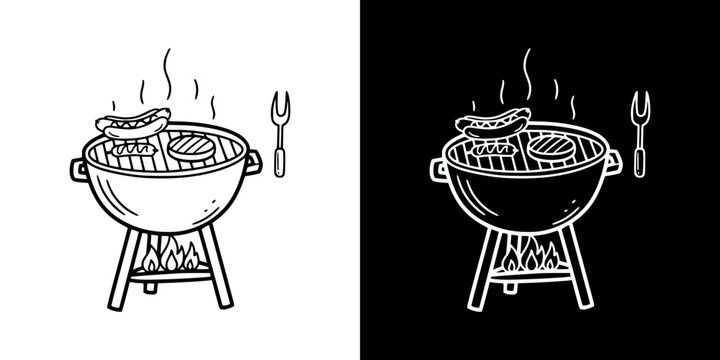 Barbecue grill with sausages and smoke, isolated vector image, two design options on transparent and black backgrounds, pencil drawing, chalk drawing
