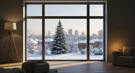 Modern living room with large window overlooking snowy city