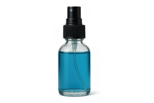 Clear glass spray bottle with blue liquid, ideal for cosmetic product packaging or hygiene disinfectant on transparent background