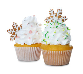 Tasty cupcakes with Christmas decor isolated on white