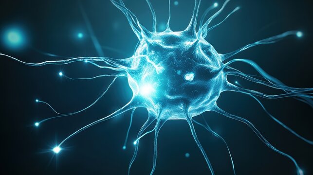 glowing blue neuron with branching axons pulsing bioluminescent synapses in dark digital space, evoking microscopic brain activity and futuristic data-driven