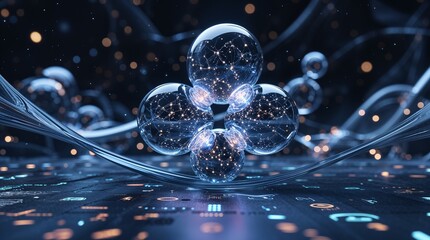 Quantum Cryptography and Secure Key Exchange Concept. Intertwined Glowing Quantum Entanglement Spheres Generating Cryptographic Key.