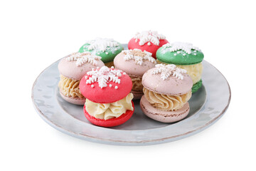 Festively decorated macarons isolated on white. Christmas treat