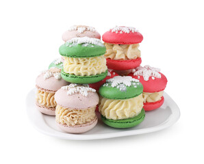 Festively decorated macarons isolated on white. Christmas treat