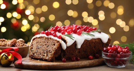 Tasty Christmas cake with icing, cranberries and rosemary on wooden table against background with blurred lights, closeup