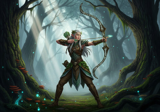 Determined Female Elf Archer Aiming a Bow and Arrow in a Magical, Sunlit Forest