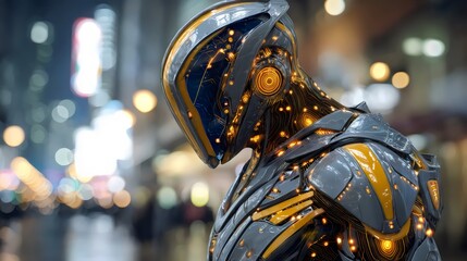 A futuristic humanoid robot with intricate circuits and glowing elements, standing in a cityscape at night.