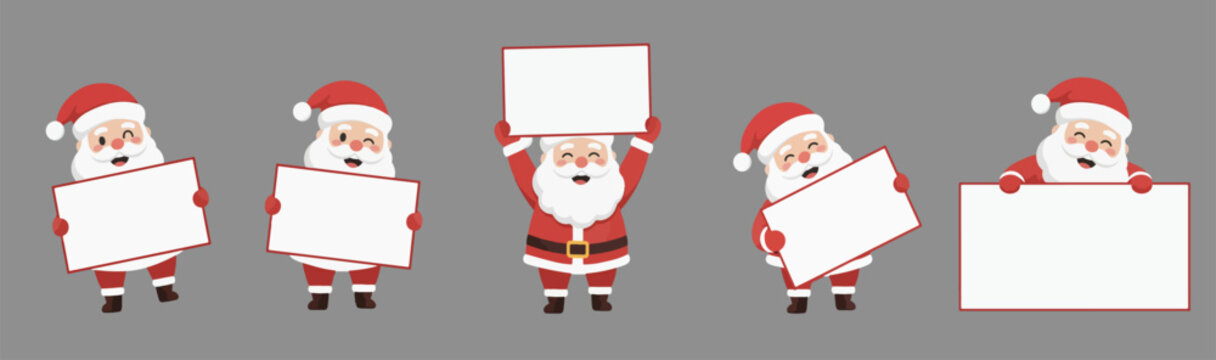 Santa Claus Holding Blank Sign Board Set &ndash; Flat Vector Christmas Illustration.