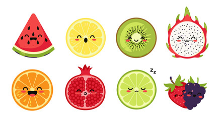Adorable kawaii fruit characters delighting with happy smiles and playful expressions perfect for children's designs and healthy lifestyle promotions.