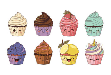 Delightful kawaii cupcakes featuring whimsical designs like blueberries, caramel, lemon, strawberry, unicorn, and classic flavors, perfect for adding a sweet, playful touch to any creative project.